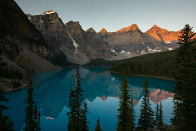 Scenic view of lake and mountains against clear sky during sunset