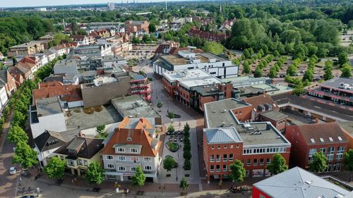 High angle view of houses in town