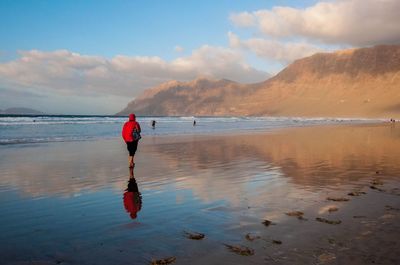 Rear view of man standing at beach against sky