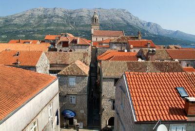 High angle view of buildings in town