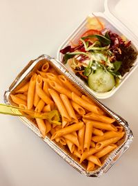 High angle view of noodles in bowl on table