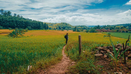 Scenic view of agricultural field against sky
