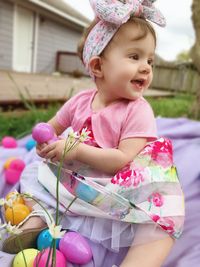 Low angle view of cute baby girl