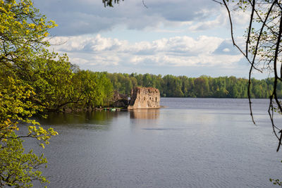Scenic view of river against cloudy sky