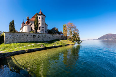 The church maria krönung on the lake traunsee, austria on a sunny, autumn day.