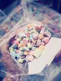 High angle view of chopped bread in container