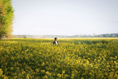 Scenic view of field against clear sky