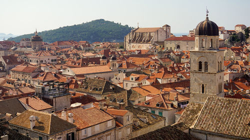 High angle view of townscape against clear sky