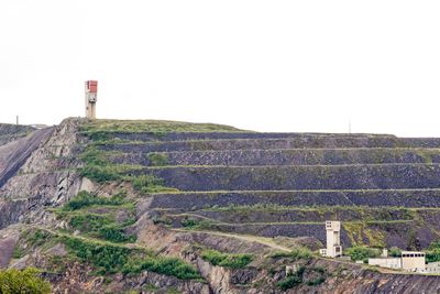 Built structure on landscape against clear sky