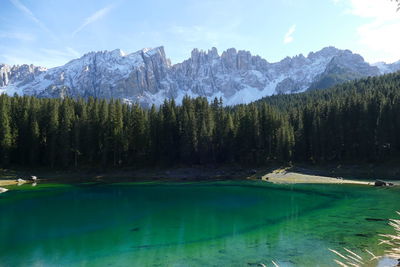 Scenic view of lake by snowcapped mountains against sky