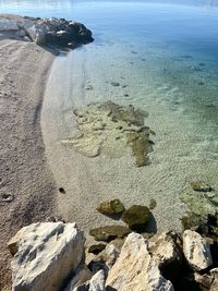 High angle view of rocks on beach