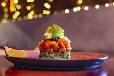 Close-up of dessert in plate on table