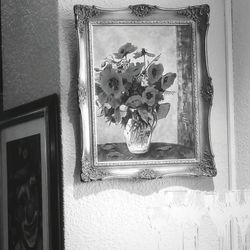 Close-up of flowers on window sill at home