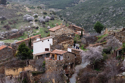 View of the antique and touristic village of patones de arriba, spain. slate stone architecture