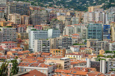 High angle view of buildings in city