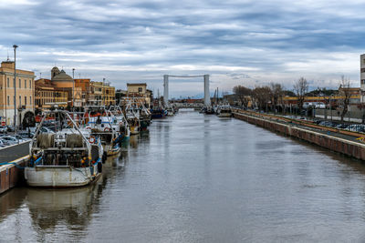 Boats moored in river against cloudy sky