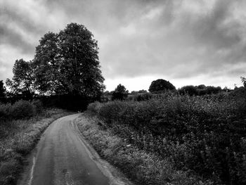 Road amidst trees on field against sky