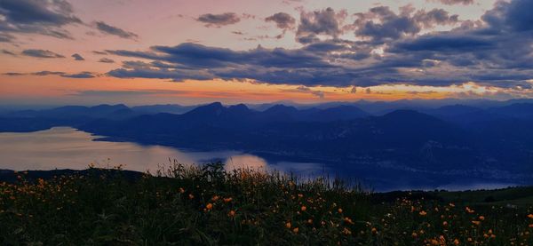 Scenic view of mountains against sky during sunset