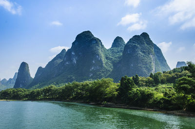 Scenic view of river by mountains against sky