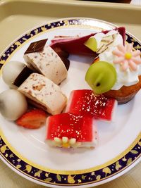 High angle view of fruits in plate on table