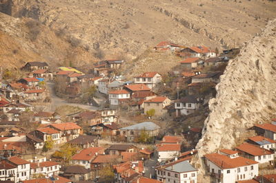 High angle view of houses in town