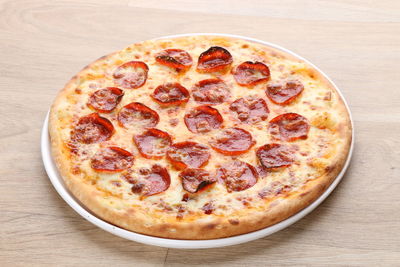 High angle view of pizza on table