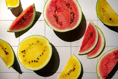 Directly above shot of fruit slices on table