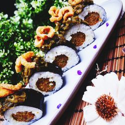 High angle view of sushi in plate