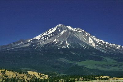 Scenic view of snowcapped mountains against clear sky