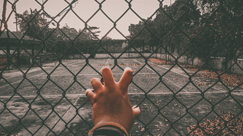 Person hand seen through chainlink fence