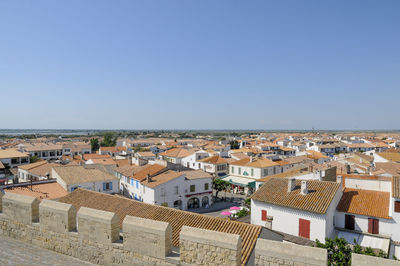 High angle view of townscape against clear blue sky