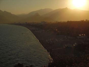 High angle view of mountain against sky during sunset