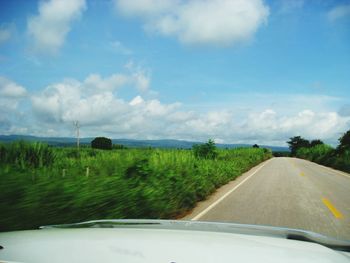 Road amidst trees against sky seen through car windshield