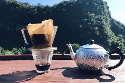 Close-up of tea cup on table