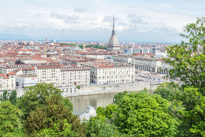 Aerial view of the skyline of turin with the mole antonelliana