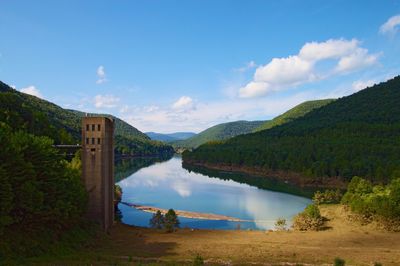 Scenic view of lake and mountains against sky