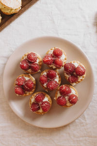 High angle view of strawberries in bowl on table