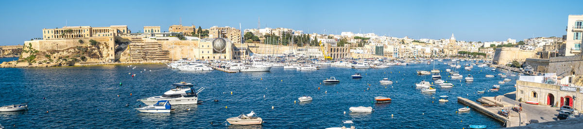 Valletta city, malta - july 22, 2019. panoramic view over the the grand harbour, valletta, malta