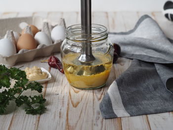 High angle view of drink in jar on table