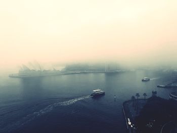 High angle view of ship sailing in sea against sky