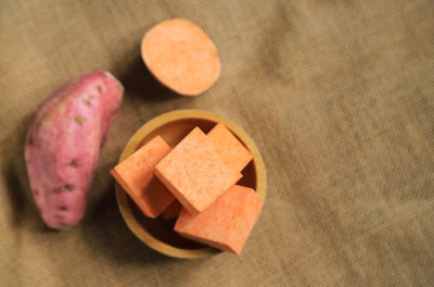 High angle view of cookies in plate on table