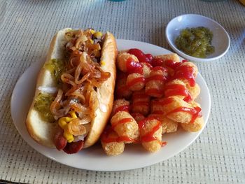 High angle view of food in plate on table