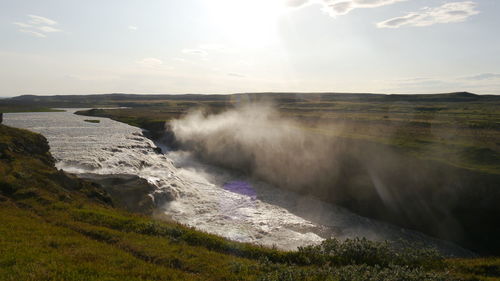 Scenic view to waterfall gullfoss, iceland in morning light