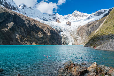 Scenic view of lake by mountains against sky