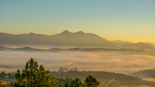 Scenic view of mountains against sky during sunset