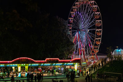 People in amusement park against sky at night