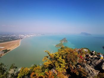 High angle view of sea against clear sky