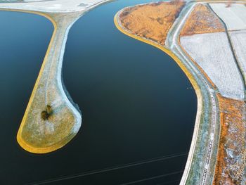 Drone shot of a peninsula with a lonely tree in winter