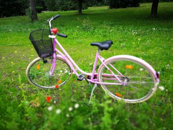 Bicycle parked in grass