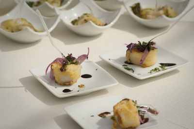 High angle view of food served in plate on table